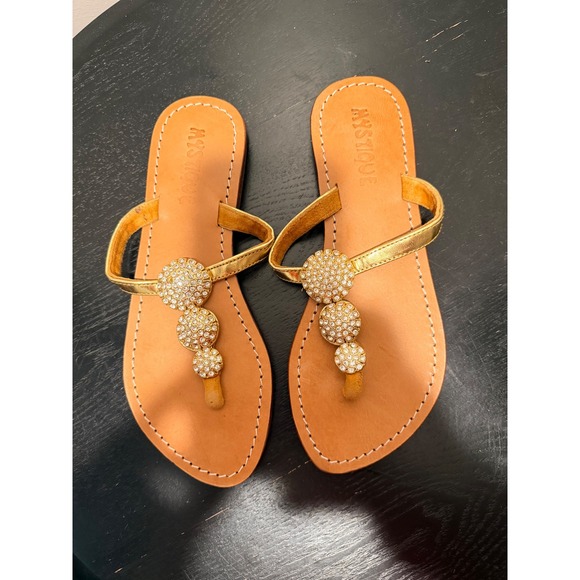Mystique Gold Jeweled Leather Thong Sandals Womens 6 Crystal Embellished Flat - Picture 3 of 6